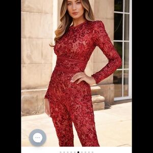NADINE MERABI - Elegant Bella Red Lace Jumpsuit